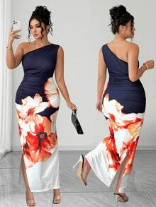 SHEIN PETITE CURVE Vestido estampado sin mangas de talla grande con hombro asimétrico - Azul Marino - Ver 1