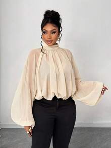 Maweii Plus Size Solid Color Turtleneck Lantern Sleeve Fashionable Cropped Shirt - Apricot - View 4