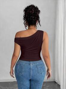 Elenzga 大码女式不对称领修身休闲T恤 - 紅木色 - 查看 2