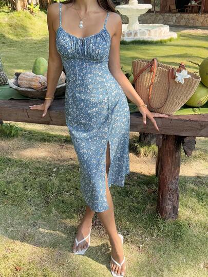 SHEIN VCAY Ditsy Floral Print Romantic Knot Front Split Thigh Summer Woman Cami Dress