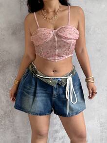 Sunnyshic Plus Size Women High Waist Loose Drawstring Denim Shorts - Blue - View 3