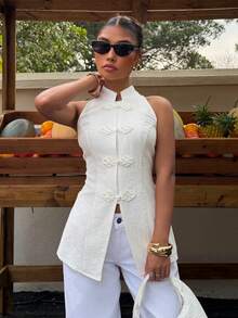 Muchica Women's Chinese Style Sleeveless Buttoned Tank Top, Summer Fashion - Apricot - View 6