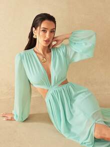Silquee Women's V-Neck Long Lantern Sleeve High Slit Chiffon Dress, Spring/Summer - Mint Blue - View 7