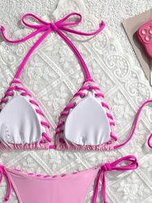 Swim Mod 女士纯色吊带露背系带泳衣套装（2件套），春夏款 - 粉色 - 查看 5