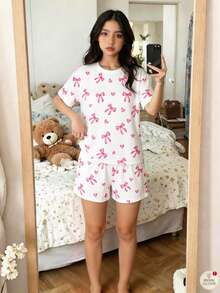 可爱蝴蝶结爱心印花休闲舒适短袖上衣和短裤两件套，适合夏季、Y2K、可爱、儿童日常时尚、儿童秋季时尚、秋季新款、Blossom Vogue、K-Pop、女孩套装、两件套、平价时尚、周末穿搭 - 彩色 - 查看 1