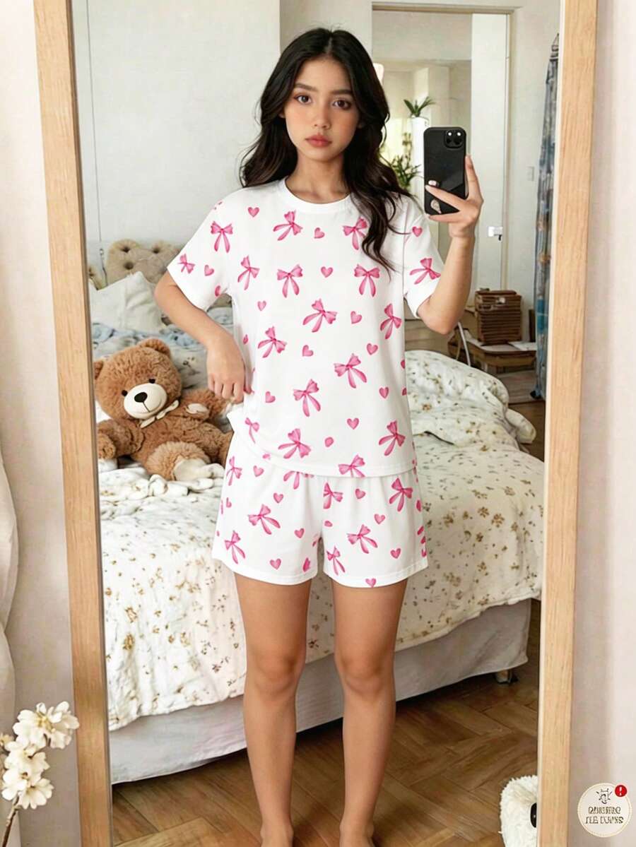 可爱蝴蝶结爱心印花休闲舒适短袖上衣和短裤两件套，适合夏季、Y2K、可爱、儿童日常时尚、儿童秋季时尚、秋季新款、Blossom Vogue、K-Pop、女孩套装、两件套、平价时尚、周末穿搭 - 彩色 - 查看 1