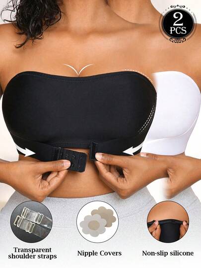 NudeFit 2件套无肩带防滑吊带文胸套装，配可拆卸透明肩带和乳贴，夏季