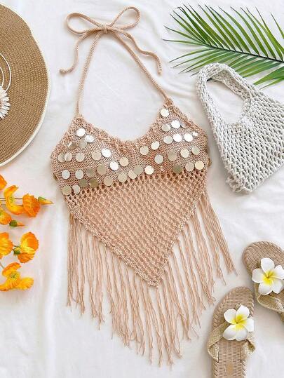 Soleia Blusa de punto con cuello halter, decoración de lentejuelas y flecos en el bajo para vacaciones de mujer