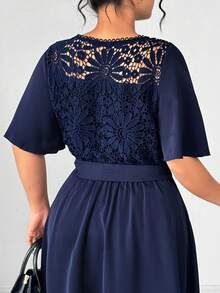 Elenzga Plus Size Women's Round Neck Lace Patchwork Ruffle Sleeve Hollow Back Casual Dress, Business Casual, Summer Women Outfit, Elegant, Formal Women Dresses, Evening Dress, Sleeveless, Lace Dress, Wedding Women Dress, Wedding Guest - Navy Blue - View 1