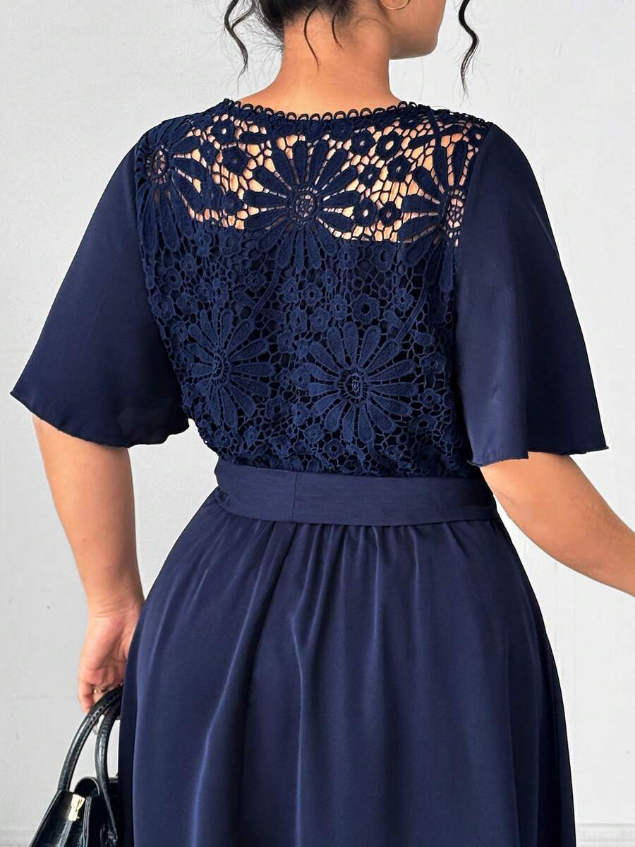 Elenzga Plus Size Women's Round Neck Lace Patchwork Ruffle Sleeve Hollow Back Casual Dress, Business Casual, Summer Women Outfit, Elegant, Formal Women Dresses, Evening Dress, Sleeveless, Lace Dress, Wedding Women Dress, Wedding Guest - Navy Blue - View 1