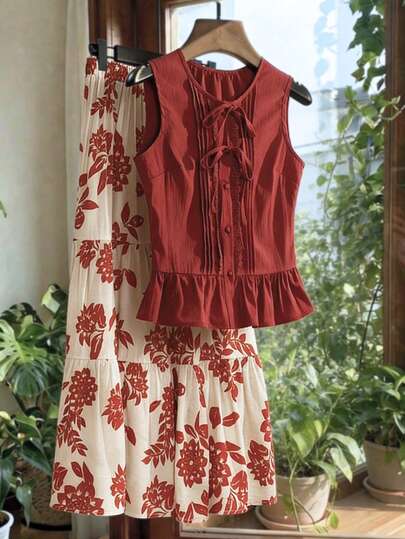Airaco Spring/Summer Women's New Vintage Red Ruffle Bow Tie Blouse + Ditsy Floral Skirt 2-Piece Set