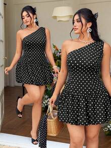 Elenzga 大码时尚女装新款黑色波点不对称肩部褶皱超短喇叭迷你连衣裙，适合春夏、返校、度假、毕业典礼、节日、情人节、圣诞节、音乐节、母亲节、万圣节、感恩节、复活节、国庆节、舞会、生日、约会、派对、婚礼、户外活动等场合。 - 黑與白 - 查看 1