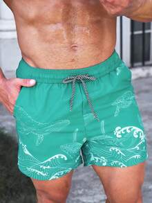 Manfinity KASUA Shorts de verano con estampado total y cordón en la cintura, traje de baño para hombres - verde menta - Ver 5