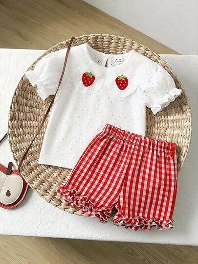 Baby Girl Summer Casual Countryside Vacation Style Strawberry Applique Ruffle Collar Puff Sleeve Schiffy Top And Gingham Print Frill Hem Shorts Set