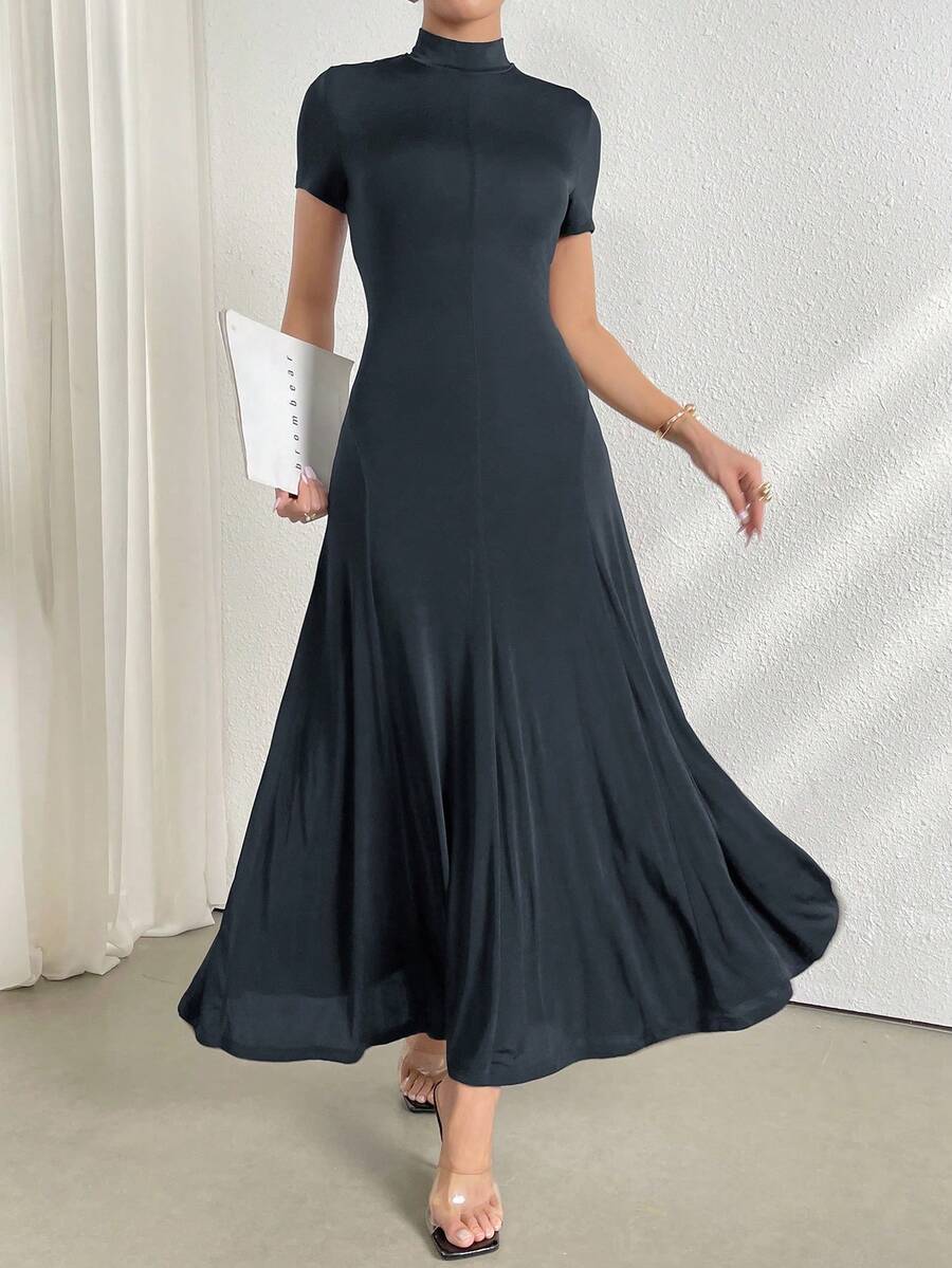 Modelyn 女士简约纯色立领短袖连衣裙,夏季常规尺码女装,女士正装,优雅经典女装,正式长款休闲连衣裙,高品质连衣裙 - 灰色 - 查看 1