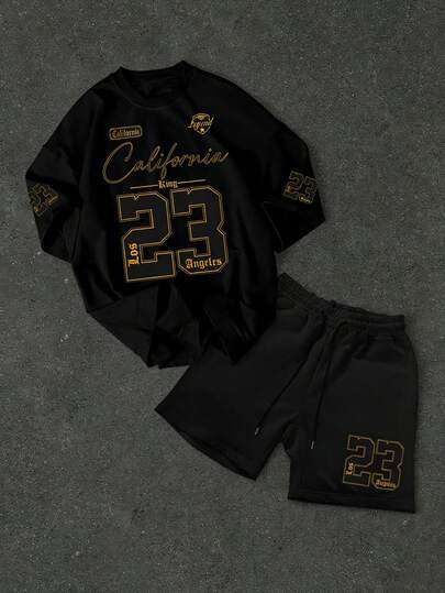 Manfinity Men's Letter & Number Print Round Neck Short Sleeve T-Shirt And Shorts Casual Daily Outfit