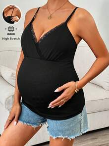 SHEIN Maternity Solid Color Contrast Lace Ribbed Camisole - Black - View 9