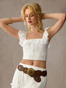 WESTFADE 方领系带荷叶边袖束身胸衣式钩编蕾丝露脐上衣，适合春季、夏季、度假、休闲、海滨、牛仔、波西米亚风、假期、海滩、节日、西部风、纳什维尔、牛仔竞技服、乡村音乐会等场合。 - 白色 - 查看 3