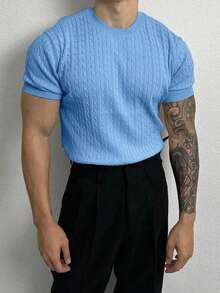 Manfinity Homme Áo thun nam tay ngắn dệt kim màu trơn, kiểu dáng thường ngày, thích hợp cho mùa hè. - Màu xanh lam - Xem 3