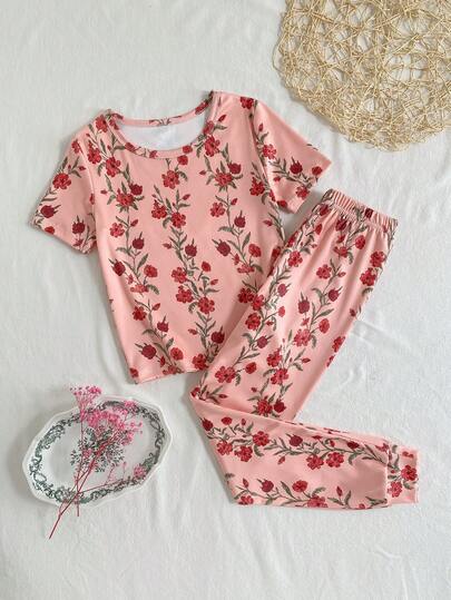 2件套女童复古碎花圆领短袖上衣和打底裤家居服套装