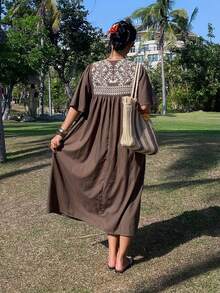 DAZY 女士优雅拼接系带荷叶袖长连衣裙，春夏波西米亚风太阳裙，女士度假装扮 - 棕色 - 查看 2