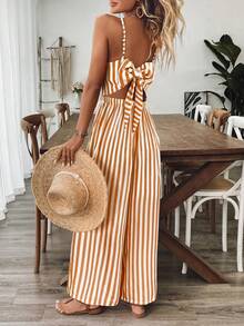 Breezaya Women's Casual Floral Print Loose Jumpsuit With Spaghetti Straps And Open Back, Spring/Summer - Orange - View 4