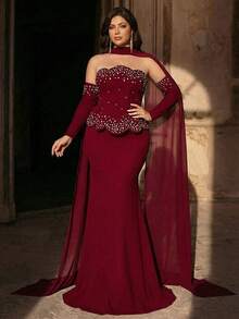 Aureia Plus Size Elegant Romantic Dark Red Open Shoulder Asymmetric Neckline Luxury Faux Pearl & Rhinestone Decor Mermaid Hem With Train Dress, Suitable For Wedding, Party, Celebration, Formal Event, Gala (Intricate Design) - Red - View 10