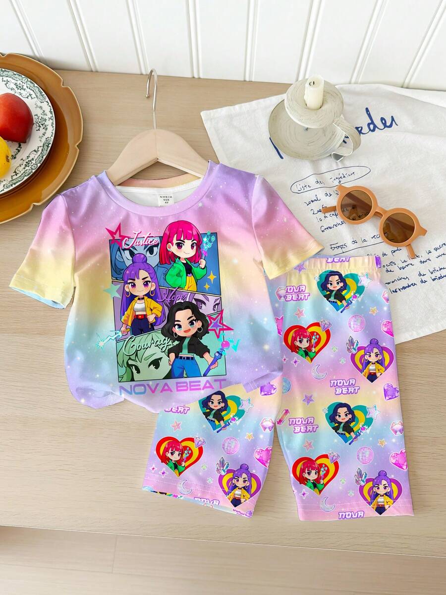 SHEIN 女童卡通字母印花圆领短袖上衣和短裤休闲睡衣套装 - 彩色 - 查看 1