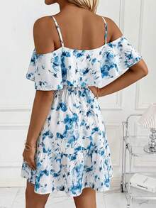Clasi Vestido minielegante de mujer con estampado floral y hombros al descubierto, vestido casual cómodo para vacaciones y playa - Azul - Ver 2