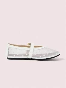 CUCCOO DOLLMOD 女士鞋履 爱心网面方头玛丽珍鞋，平底金属扣，甜美通勤约会优雅鞋 - 白色 - 查看 3