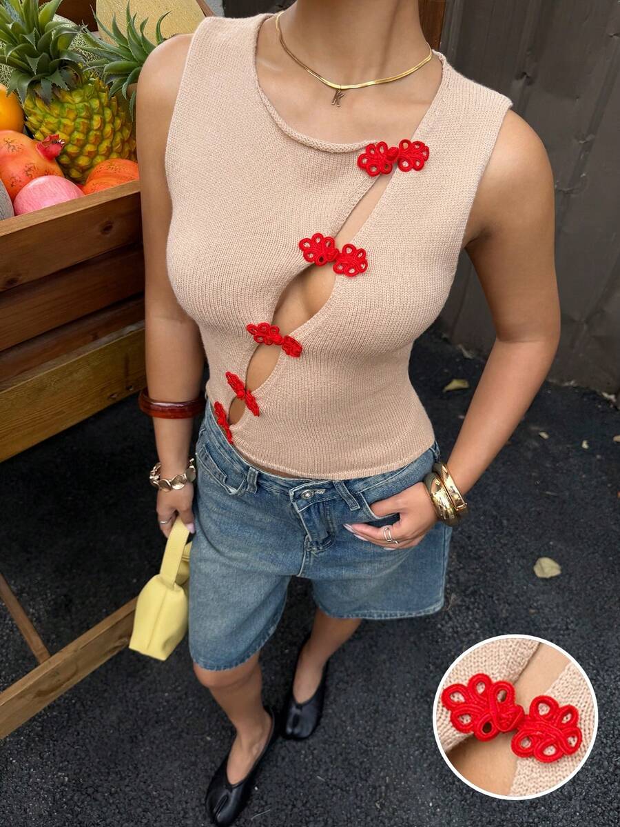 Muchica 女士无袖镂空性感针织上衣，带纽扣设计 - 駝色 - 查看 1