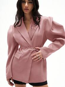 Aveloria GENKIRA Loose Fit Casual Commuter Versatile Extra Wide Silhouette Drawstring Decor Solid Color Blazer - Pink - View 5