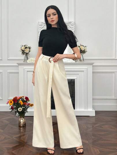 Modelyn 女士高腰宽松腰带圆扣百搭优雅长裤