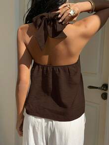 SHEIN EZwear 棕色编织休闲露背吊带女式上衣，夏季款 - 棕色 - 查看 3