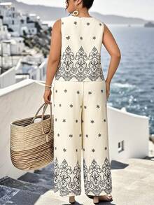 SHEIN LUNE Bộ đồ cỡ lớn gồm áo không tay cổ tròn in họa tiết hai tông màu và quần ống đứng dáng rộng, thanh lịch cho các buổi đi chơi, hẹn hò, tụ họp, đi làm hoặc đi nghỉ mát. - Nhiều màu - Xem 2