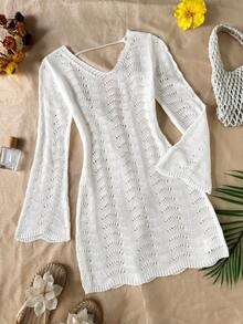 SHEIN Girls Solid Color Minimalist Daily Cover-Up, Summer Beach Girl Backless Side Tie Cover-Up Dress, Asymmetrical Hem Design, Suitable For Beach Vacation Tween Girl - White - View 1