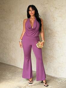 Rustia Mono sin espalda con cuello halter para mujer talla grande - Morado - Ver 7
