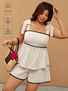 Elaquor Bộ 2 món áo hai dây và quần short thường ngày dành cho nữ cỡ lớn đi nghỉ mát - Màu be - Xem 8