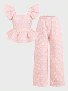 SHEIN 2 piezas Conjunto informal de camisa y pantalones con recorte de volantes y patchwork para niñas preadolescentes - Rosa Pálido - Ver 3