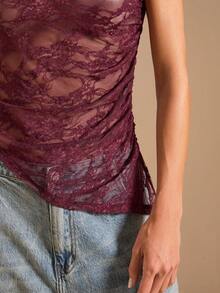 SHEIN BAE Áo kiểu ren xuyên thấu màu tím gợi cảm dành cho nữ - Màu tím - Xem 5