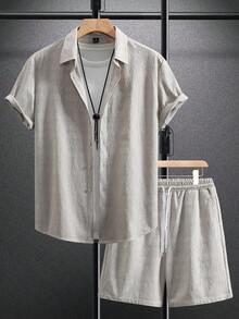 Manfinity Homme 男士夏季衬衫短裤两件套，休闲沙滩婚礼派对度假旅行装，父亲节礼物（送给丈夫、爸爸、男友），舒适百搭，尽显男士绅士风范，适合日常休闲、周末旅行、户外活动、探险旅行、轻松的工作环境或半正式场合，也是送给男友/丈夫的礼物，周年纪念/生日礼物，适合派对、夏季假期、婚礼、春夏交替、复活节等场合。男士两件套，男士衬衫短裤套装，男士两件套亚麻套装，男士夏季裤装套装，男士度假衬衫套装。 - 杏色 - 查看 4