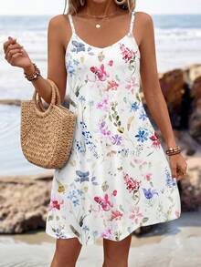 Sylviya Đầm ngắn dệt kim hai dây họa tiết hoa giản dị dành cho nữ, thích hợp cho mùa hè, đầm hè in hoa. - Nhiều màu - Xem 6