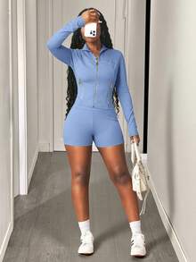 Slaydiva 女士纯色立领上衣和短裤两件套，休闲运动装 - 淺藍色 - 查看 2