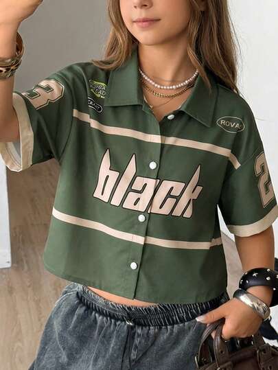 Sparklyn Girls' Casual Green Floral Letter Print Short Sleeve Shirt, Soft & Fashionable Design, Versatile For Summer Vacation, Travel, School And Daily Wear