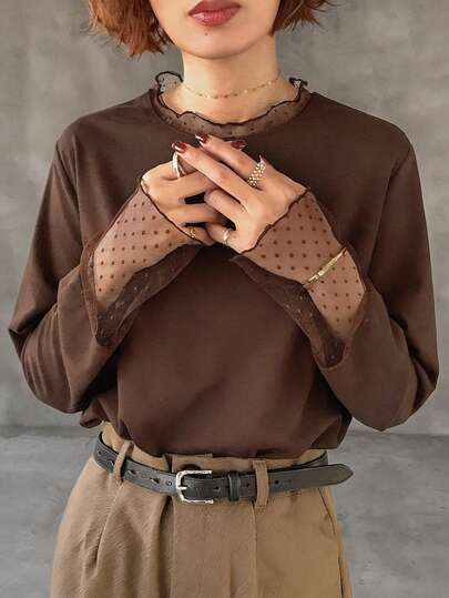 FRIFUL Solid Color Patchwork Sheer Polka Dot Mesh Fabric Loose Casual Versatile T-Shirt Summer