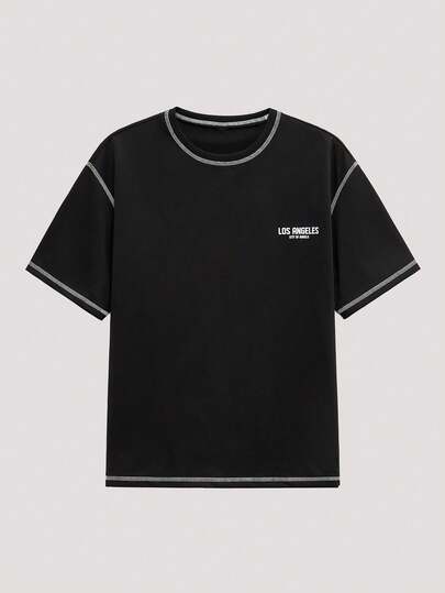 Open Phase 男士简约时尚纯色英伦小图案印花撞色线条设计短袖圆领宽松T恤。男士宽松T恤。男士夏季服饰，适合日常穿着、通勤、派对、上学、度假、朋友聚会、购物。可作为送给男朋友、朋友、家人的礼物。男士T恤，男士休闲T恤。