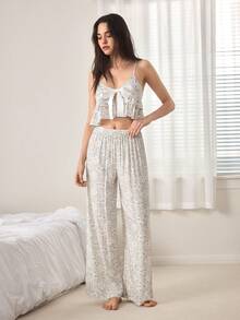 Ocili 2件套吊带上衣荷叶边抽绳柔软简约长裤，女士睡衣套装 - 彩色 - 查看 4