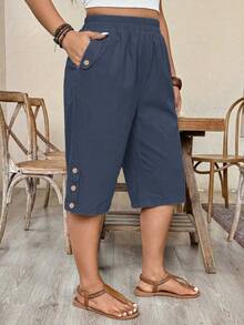 Weeklong Pantalones cortos casuales de talla grande con cintura elástica, bolsillos laterales y decoración con remaches - Neblina azul - Ver 6