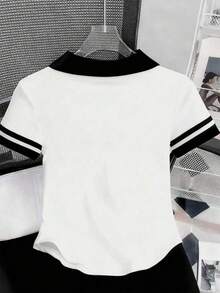 Resyla 大码女式字母条纹印花撞色 Polo 领短袖休闲 T 恤 - 白色 - 查看 2
