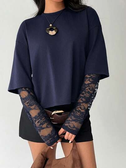 Aloruh Women's Casual Solid Color Crew Neck Fitted T-Shirt With Sweet Lace Patchwork